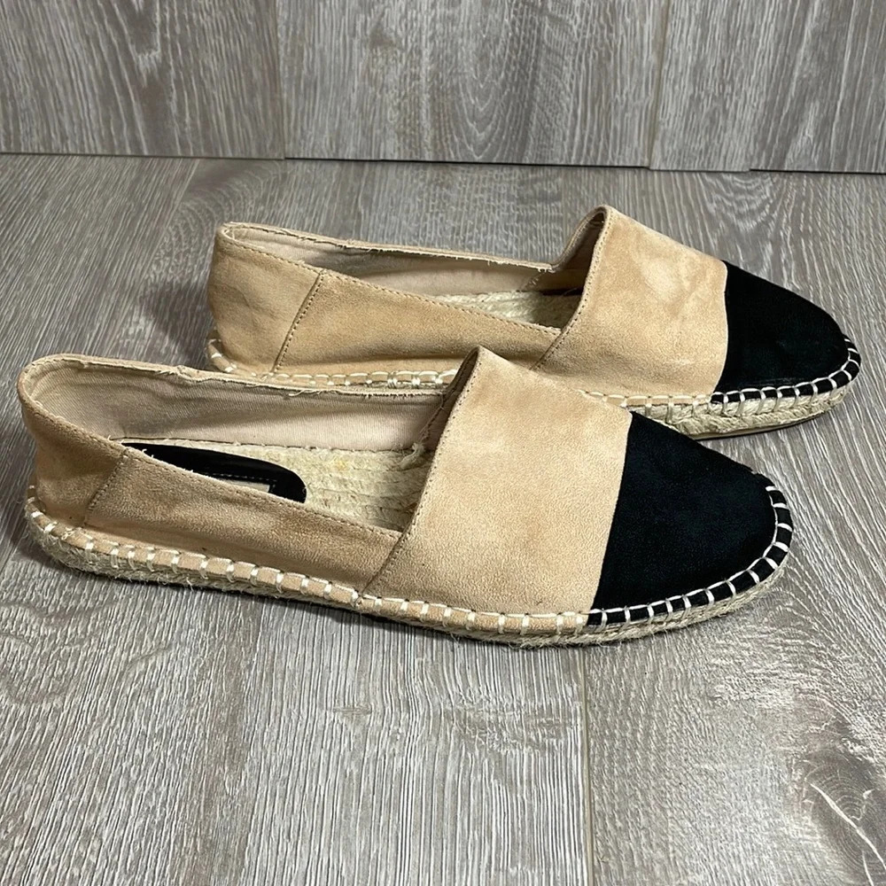 Zara Basic Faux Suede Espadrilles Slip On Flats Black Tan 8.5 (39)